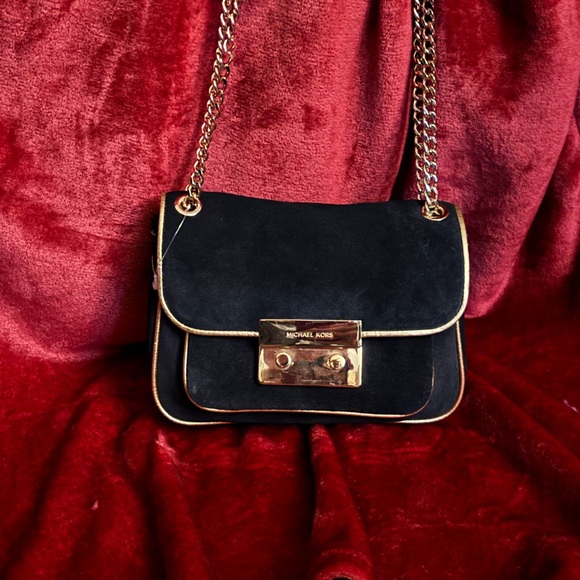 Michael Kors Handbags - Michael Kors Suede Crossbody Black Bag with Gold Chain “Sloan”